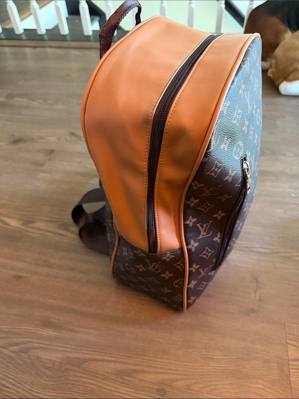 Large Brown Monogram Backpack with Tan Trim - Picture 6 of 13